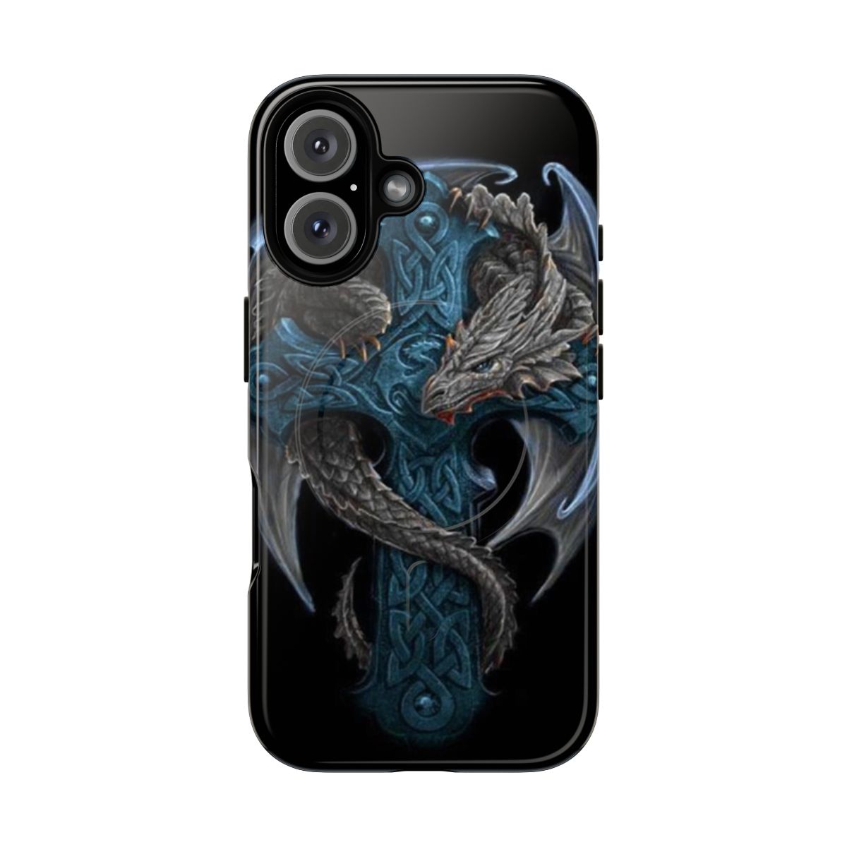 Phone case with blue celtic cross and dragon design