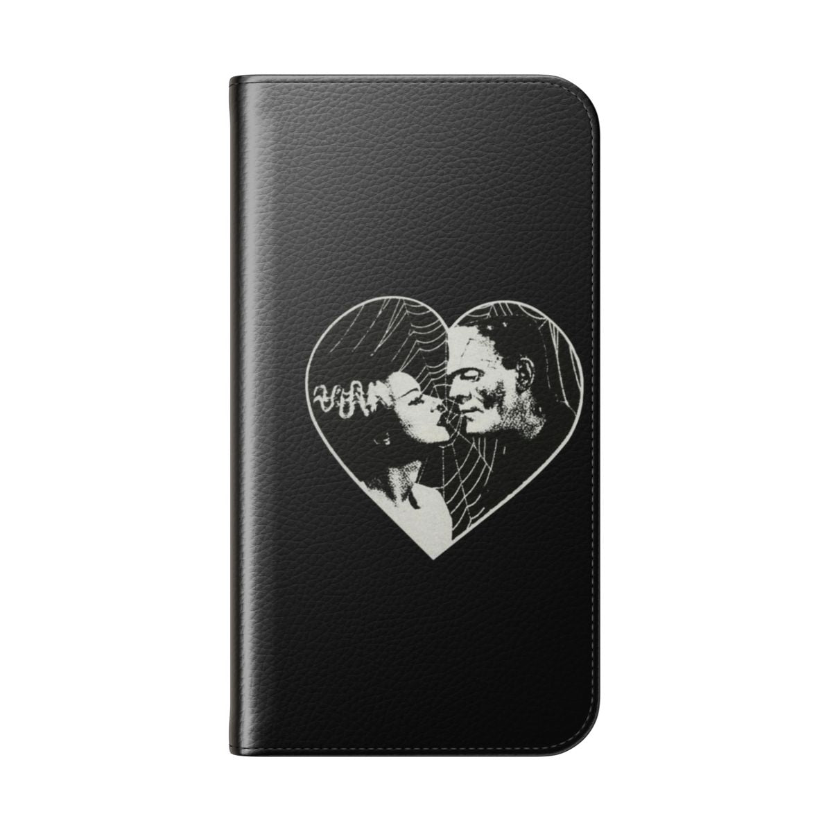 A gothic-style phone case featuring the classic monster Frankenstein and his bride in a black and white design with a heart and spider web motif. - Folded Back