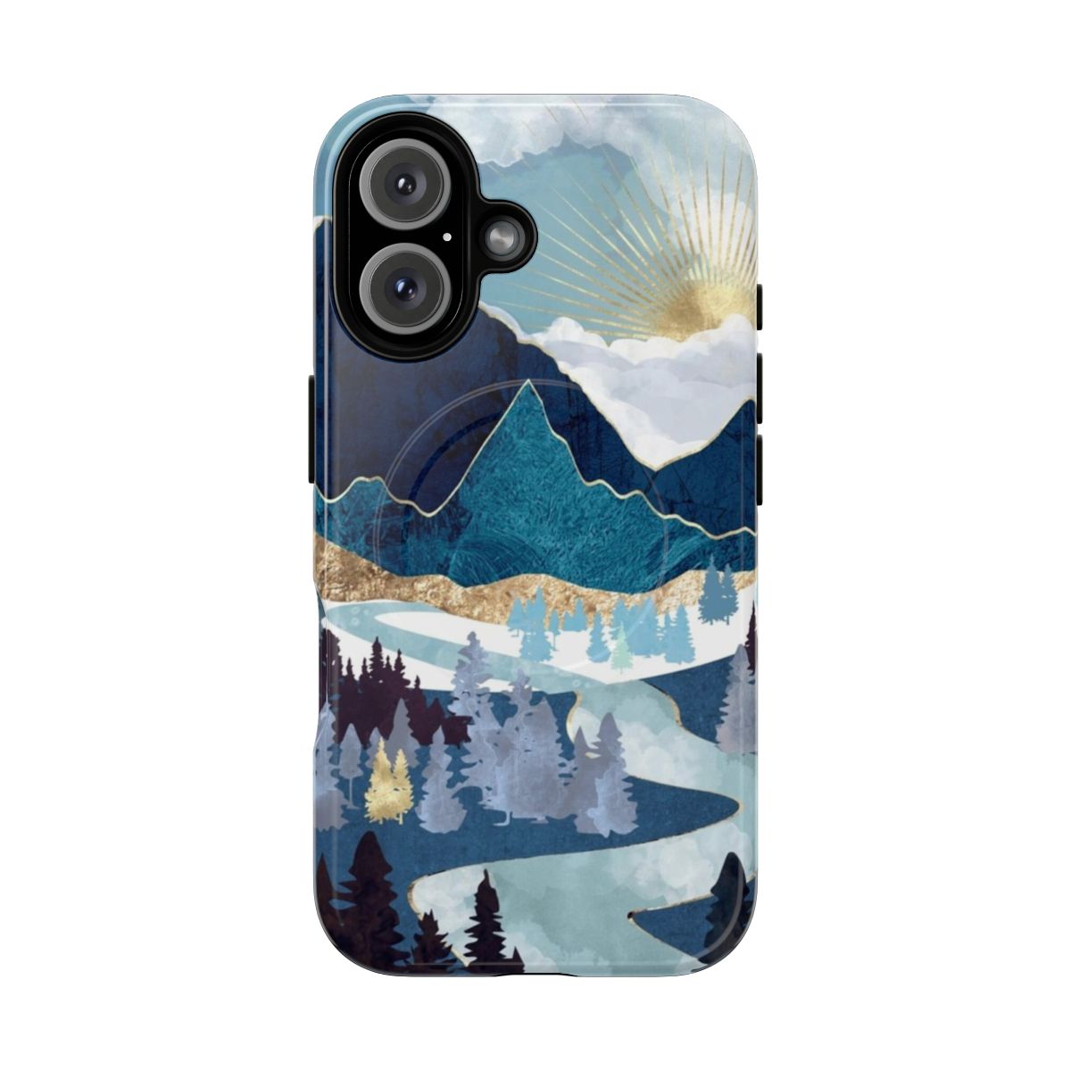 Colorful abstract landscape phone case featuring a sunrise over a valley with mountains, trees, and water.