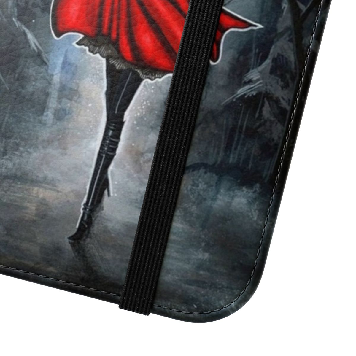 Dark and surreal watercolor illustration of Little Red Riding Hood on a flip phone case - Close Up