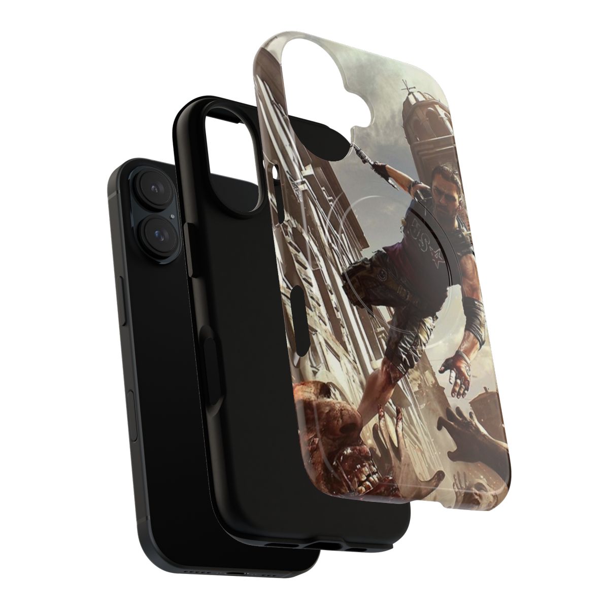 A tough phone case featuring a person performing parkour moves to avoid zombies. - Layers