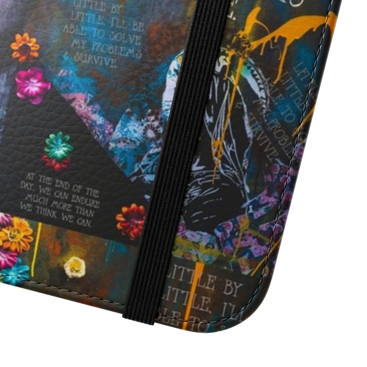 Frida Kahlo inspired flip cover phone case with motivational and resilience-focused design - Close Up