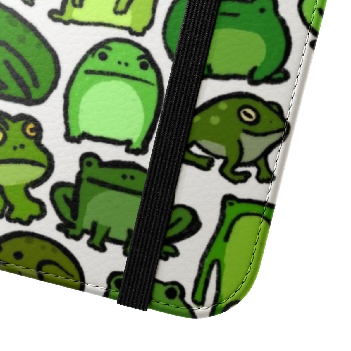 A close-up photo of a green frog-themed flip phone case - Close Up