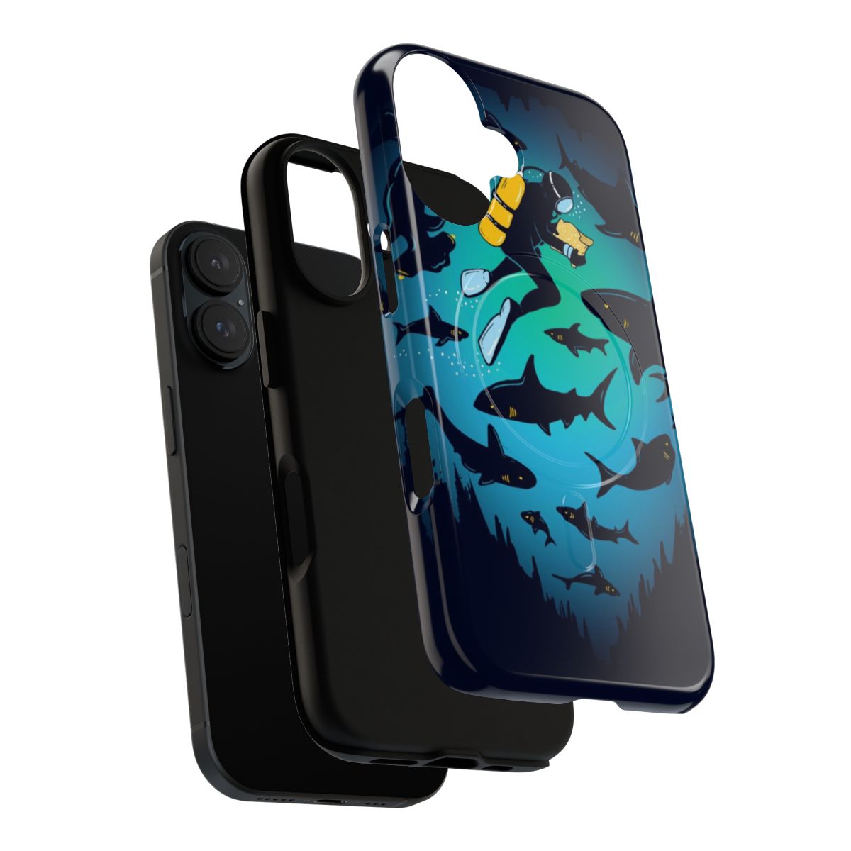 Magnetic tough phone case with a funny shark and diver illustration - Layers