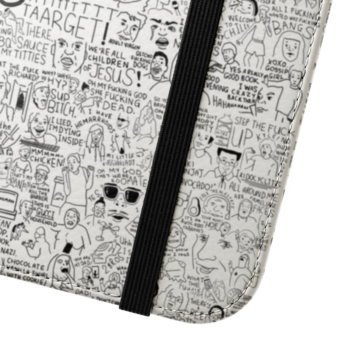 Artfully designed flip phone case featuring a collage of hand-drawn vine meme-inspired imagery - Close Up