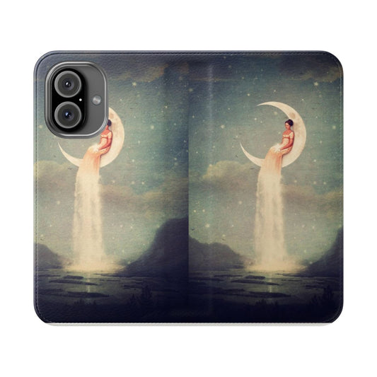 Flip cover phone case with a surreal, fantasy-inspired design featuring the moon, river, and stars.