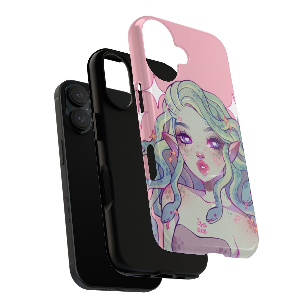 Medusa-inspired phone case with a sweet, aesthetic design featuring snakes and a cute girl - Layers