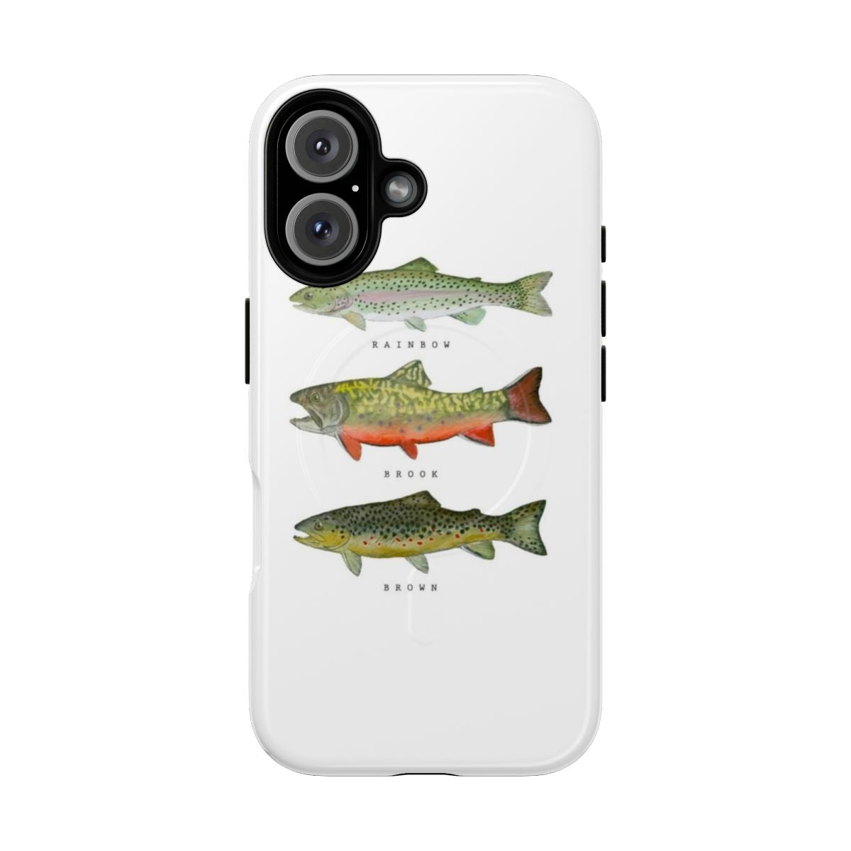 Artistic phone case design featuring three trout species - rainbow, brook, and brown trout - in the Sierra Nevada mountains.