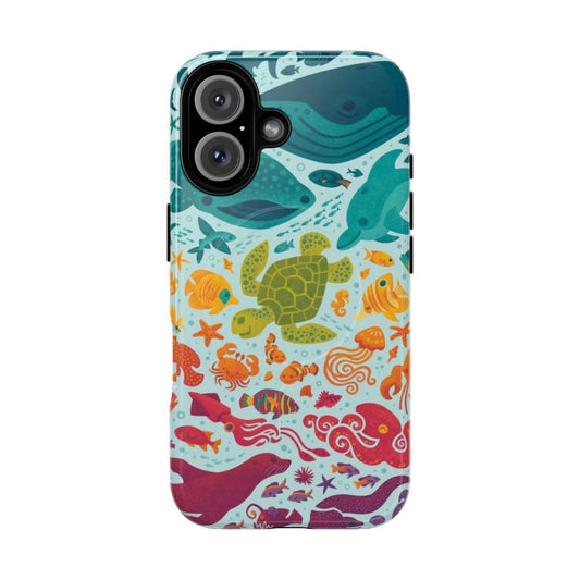 Vibrant blue and teal phone case with a colorful aquatic spectrum design featuring fish and sea creatures