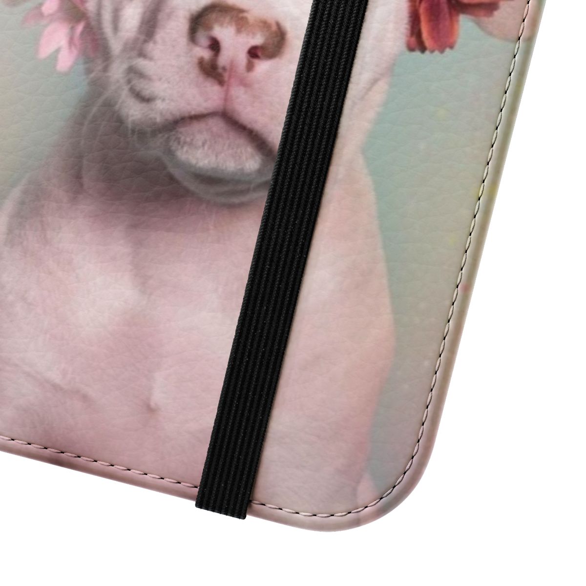 Colorful flower power themed phone case featuring a pitbull face with a flower crown - Close Up