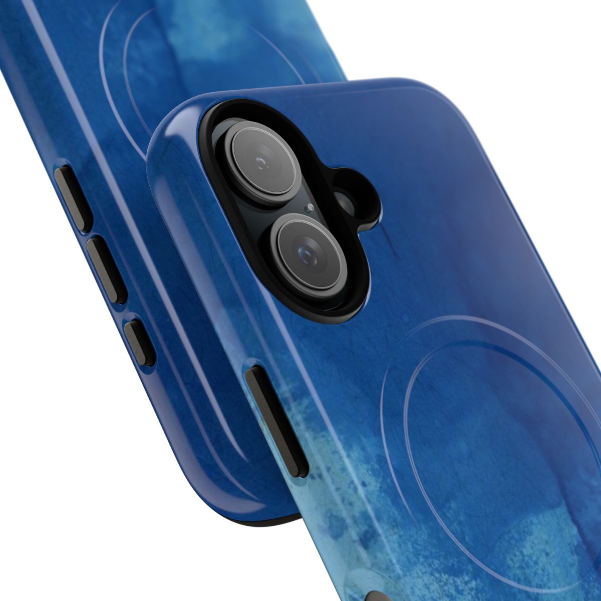 A phone case featuring a striking abstract design of a blue ink spill on a textured substrate. - Detail