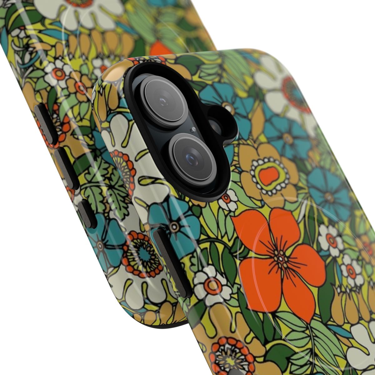 Retro flower phone case with orange, turquoise and green floral design - Detail