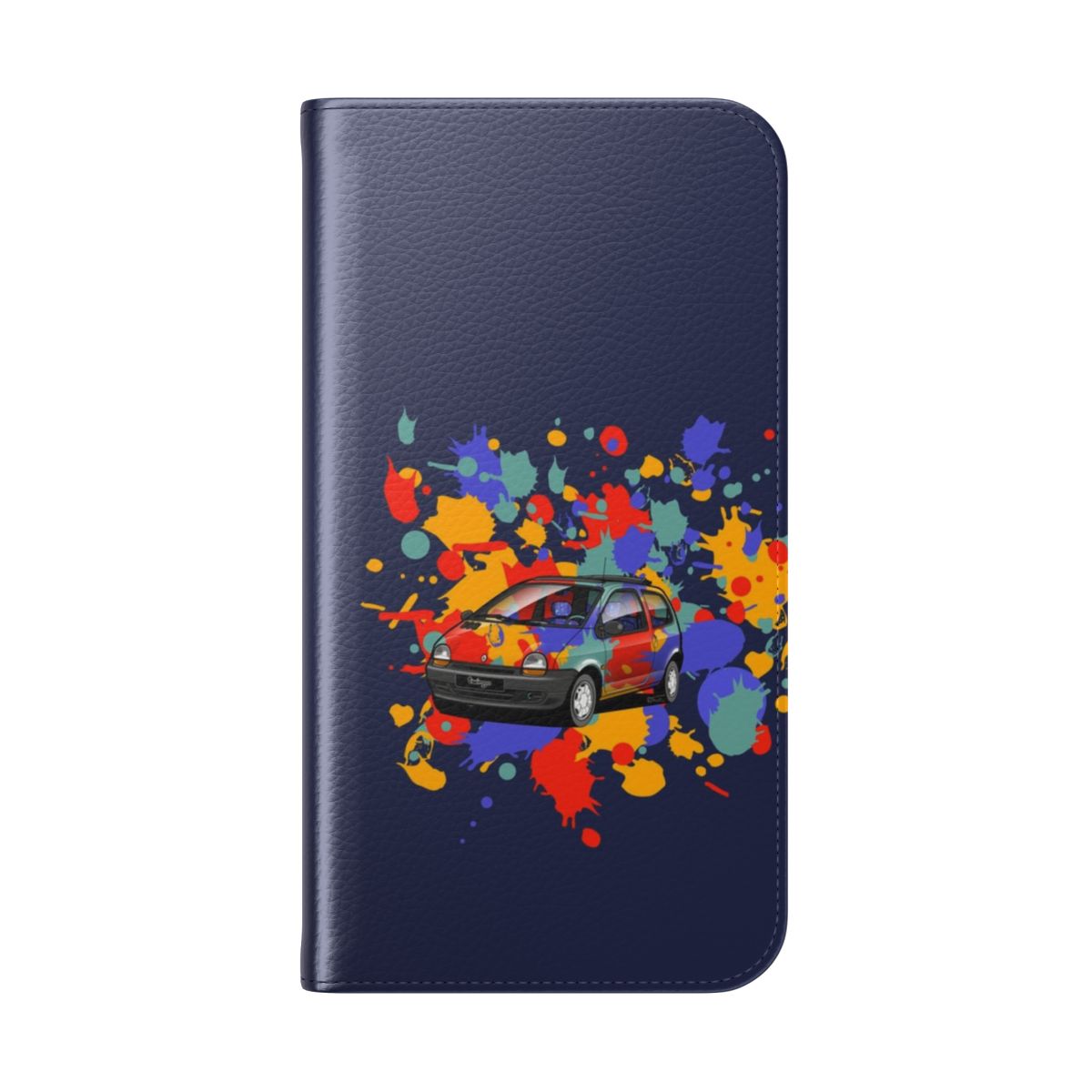 Flip phone case featuring a stylized design of the 1993 Renault Twingo, a classic French small car. - Folded Back