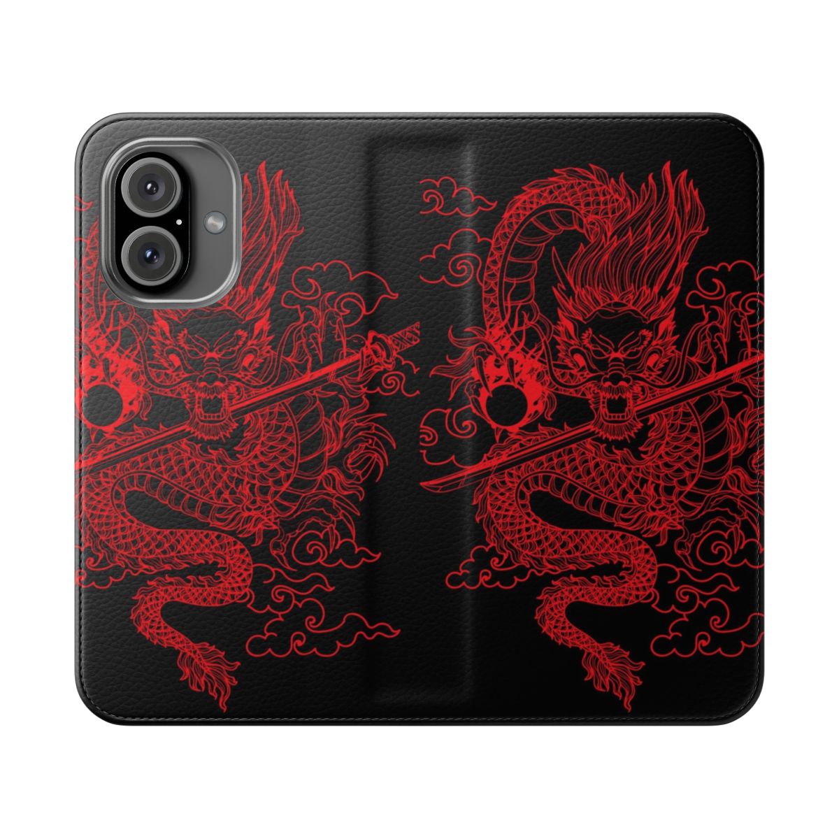 Flip phone case featuring a detailed red dragon design on a black background