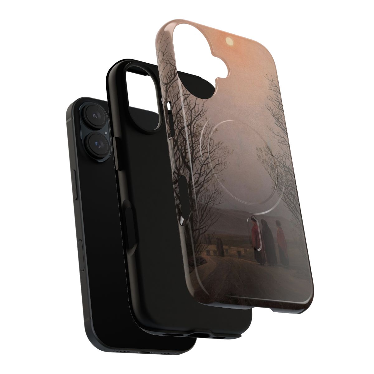 Phone case featuring a romantic landscape painting of a morning sky with clouds and sunlight, by artist Caspar David Friedrich. - Layers