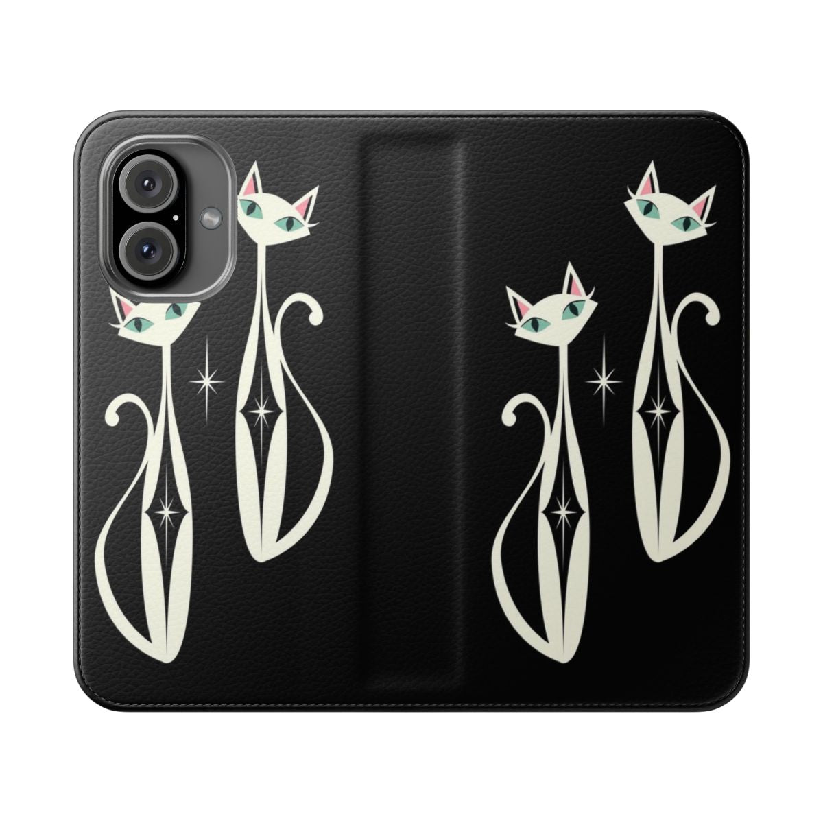 Retro and vintage-inspired phone case with a diamond pattern and cute cats