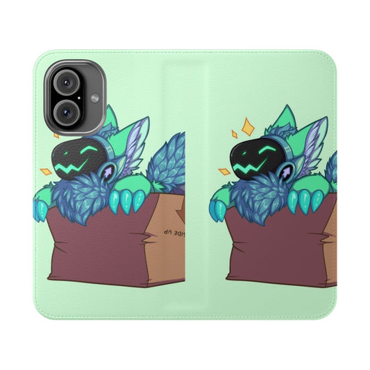 A green flip cover phone case featuring a protogen character, a cyborg-like anthro robot from the furry fandom.