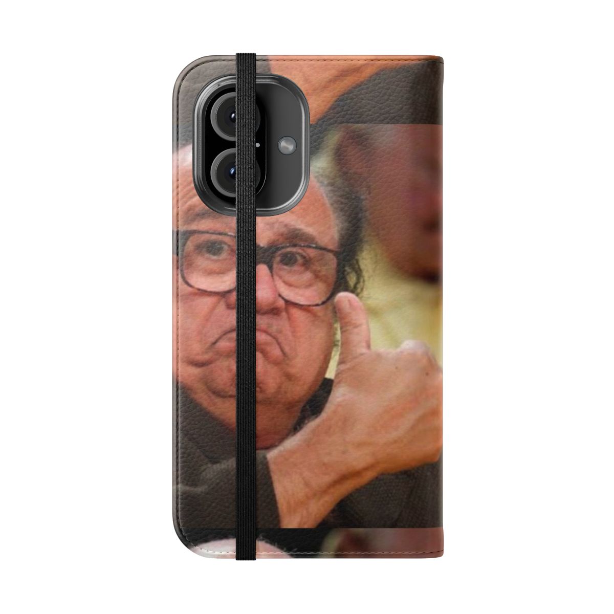 Danny Devito-themed flip cover phone case with "Always Sunny" branding - Folded Front