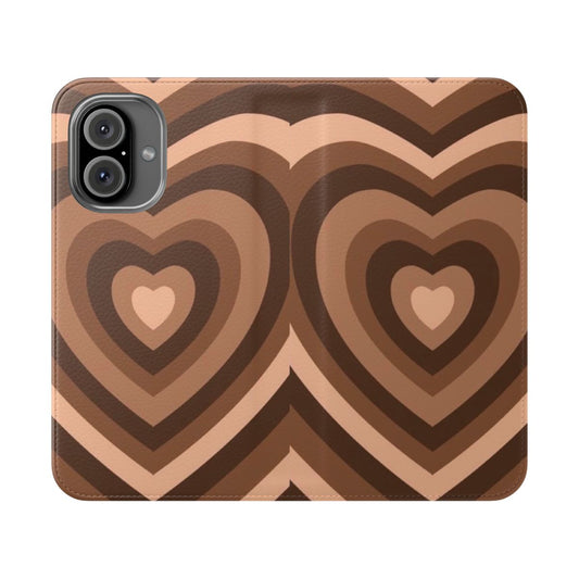 Brown heart-shaped phone case with a contemporary indie aesthetic design