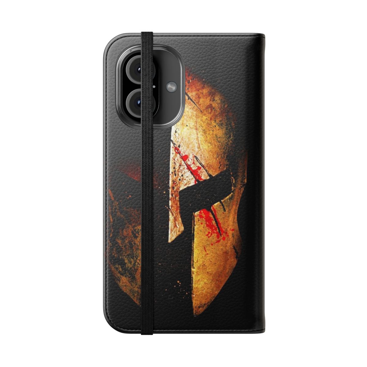 Spartan-themed flip cover phone case with dark art and bloody drip design - Folded Front