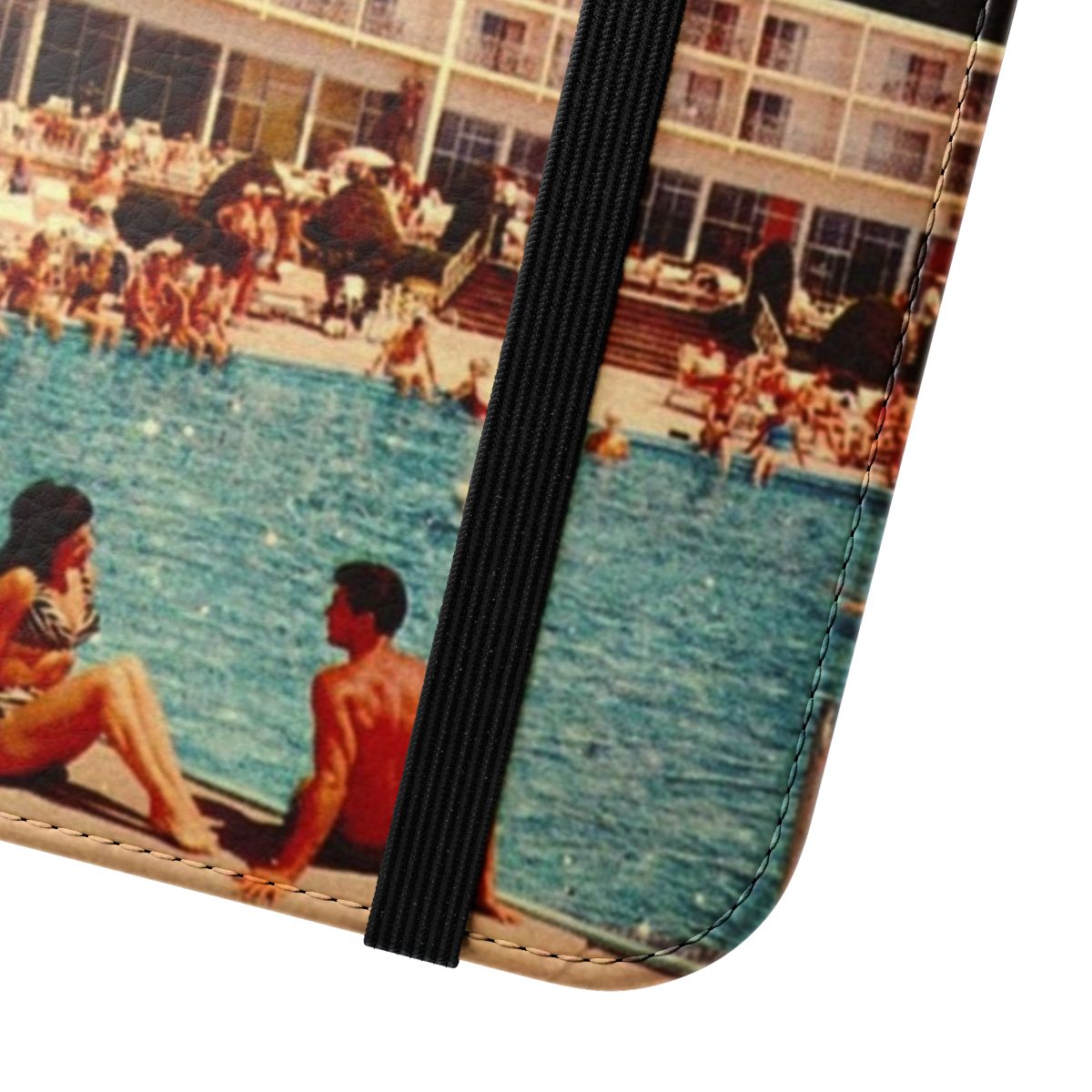 Retro-futuristic collage design featuring a vintage-style holiday resort with a pool, moon, and stars on a flip cover phone case. - Close Up