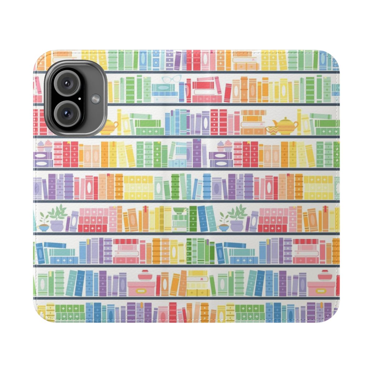 Colorful rainbow bookshelf pattern on a phone case