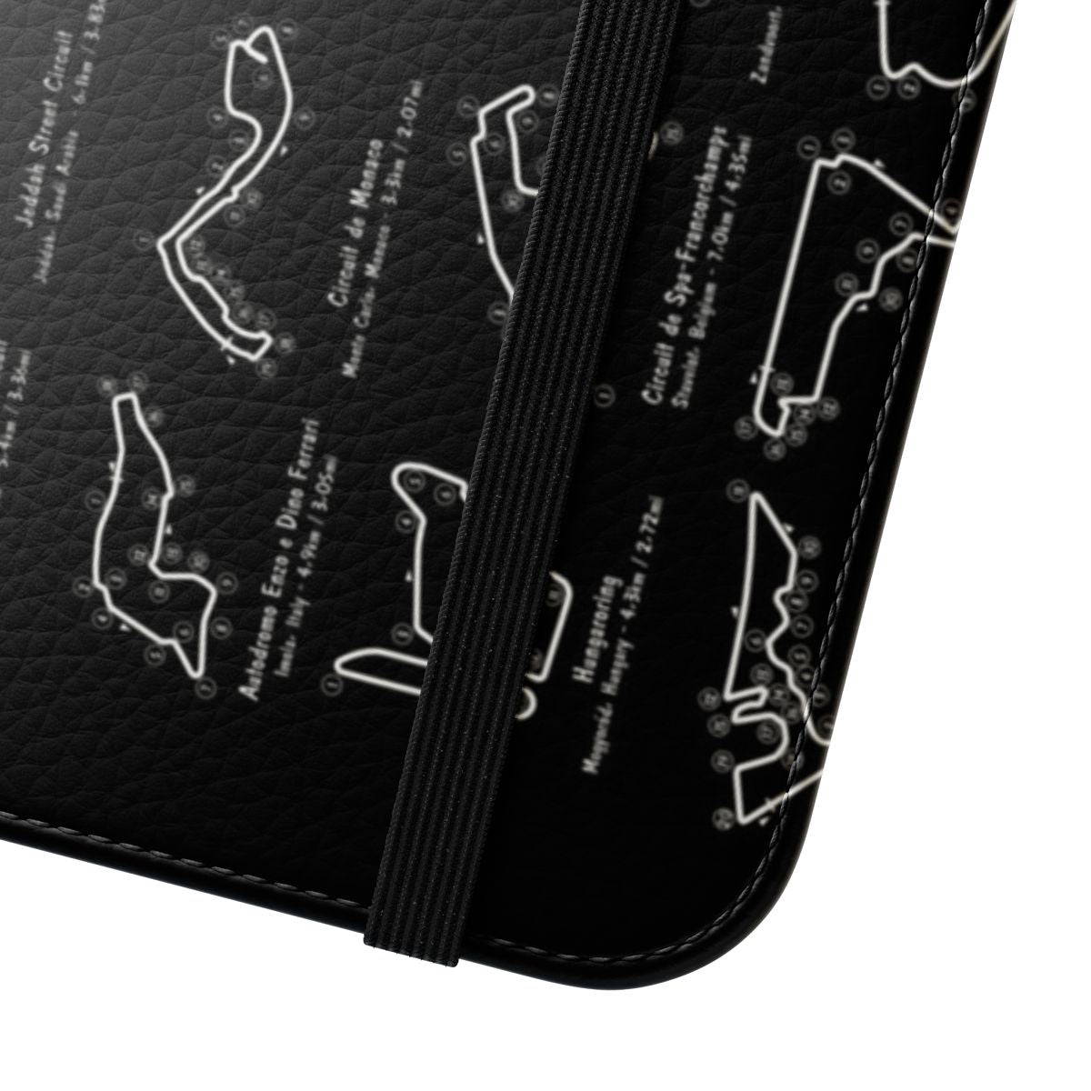 Flip phone case with a white stencil design of an F1 racing circuit - Close Up