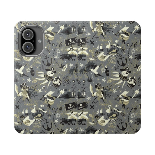 A black and white flip phone case with a treasure map, pirate-themed elements, and sea creatures like a crab, starfish, octopus, and parrot.