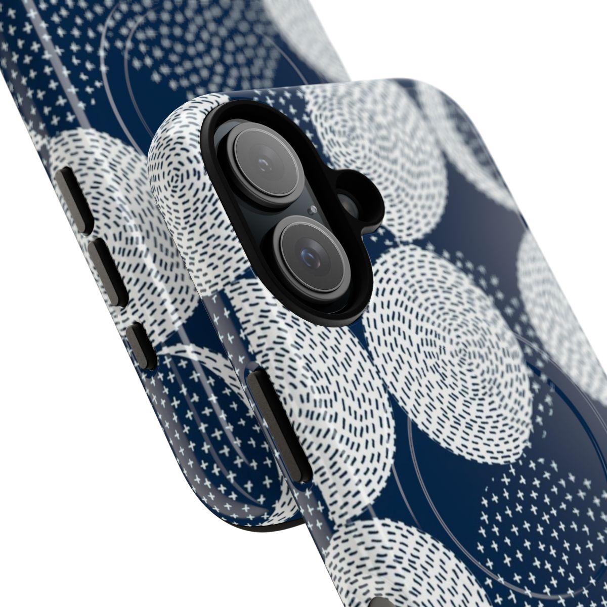 Minimalist phone case with an embroidered moon phases pattern in blue shades - Detail