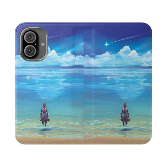 Eternity Flip Cover Phone Case featuring a beautiful coastal landscape with clouds, ocean, and seashells.