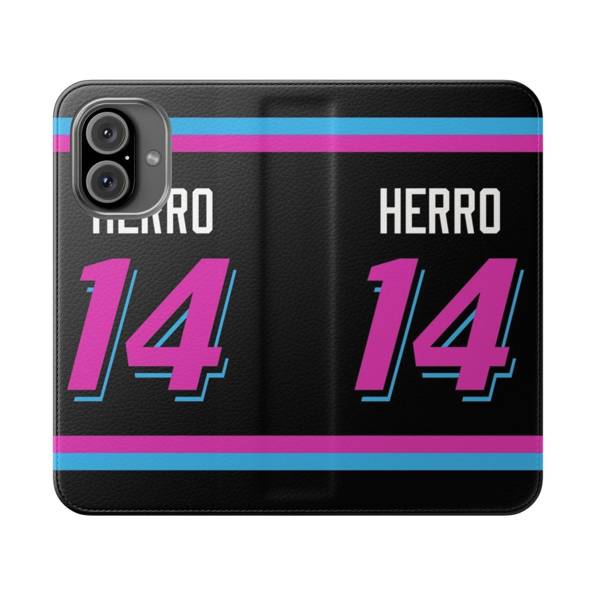 Vibrant flip phone case with a basketball jersey design featuring Tyler Herro's name and number.