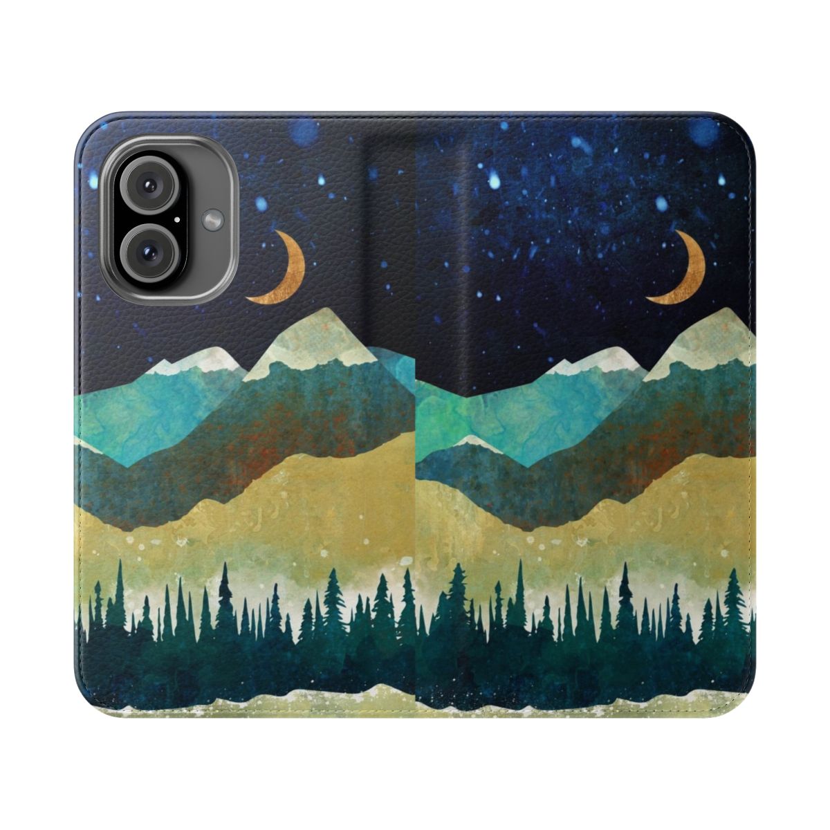 Serene snowy landscape phone case with mountains, trees, and a full moon