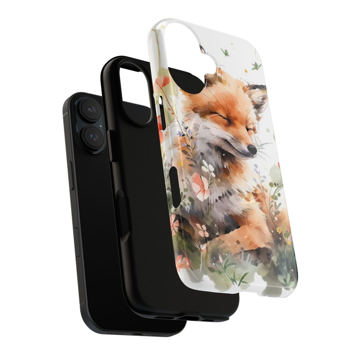 A phone case featuring a cute, whimsical watercolor illustration of a fox surrounded by flowers. - Layers