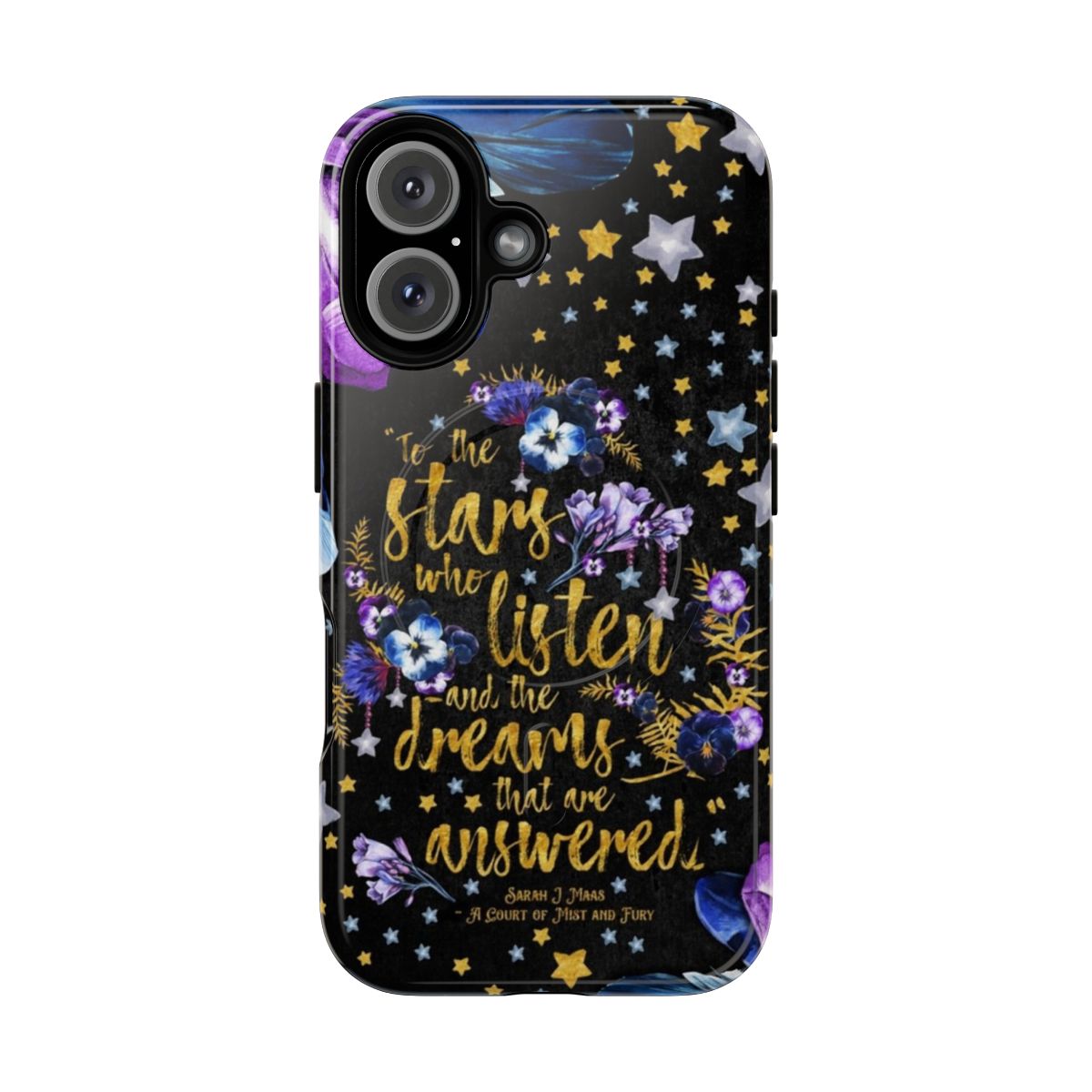 A magnetic phone case featuring a night sky design and an inspirational book quote.