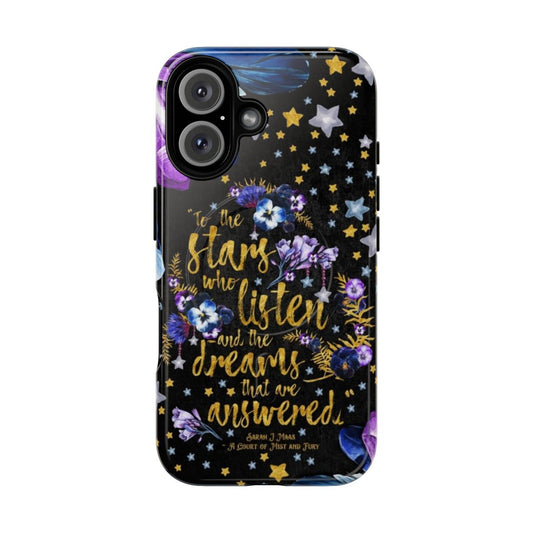 A magnetic phone case featuring a night sky design and an inspirational book quote.