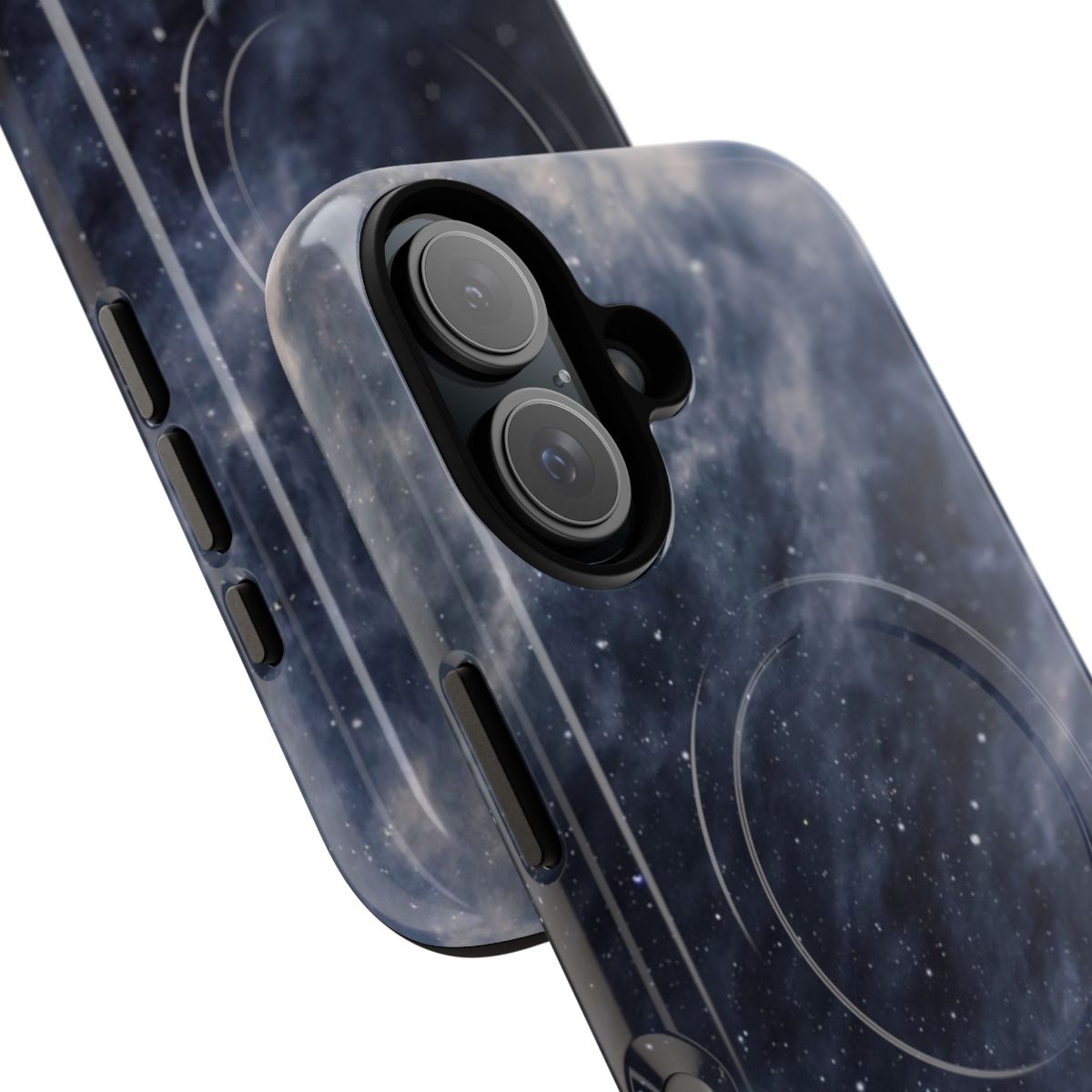 A phone case featuring a blue moon and clouds against a dark, moody night sky backdrop. - Detail