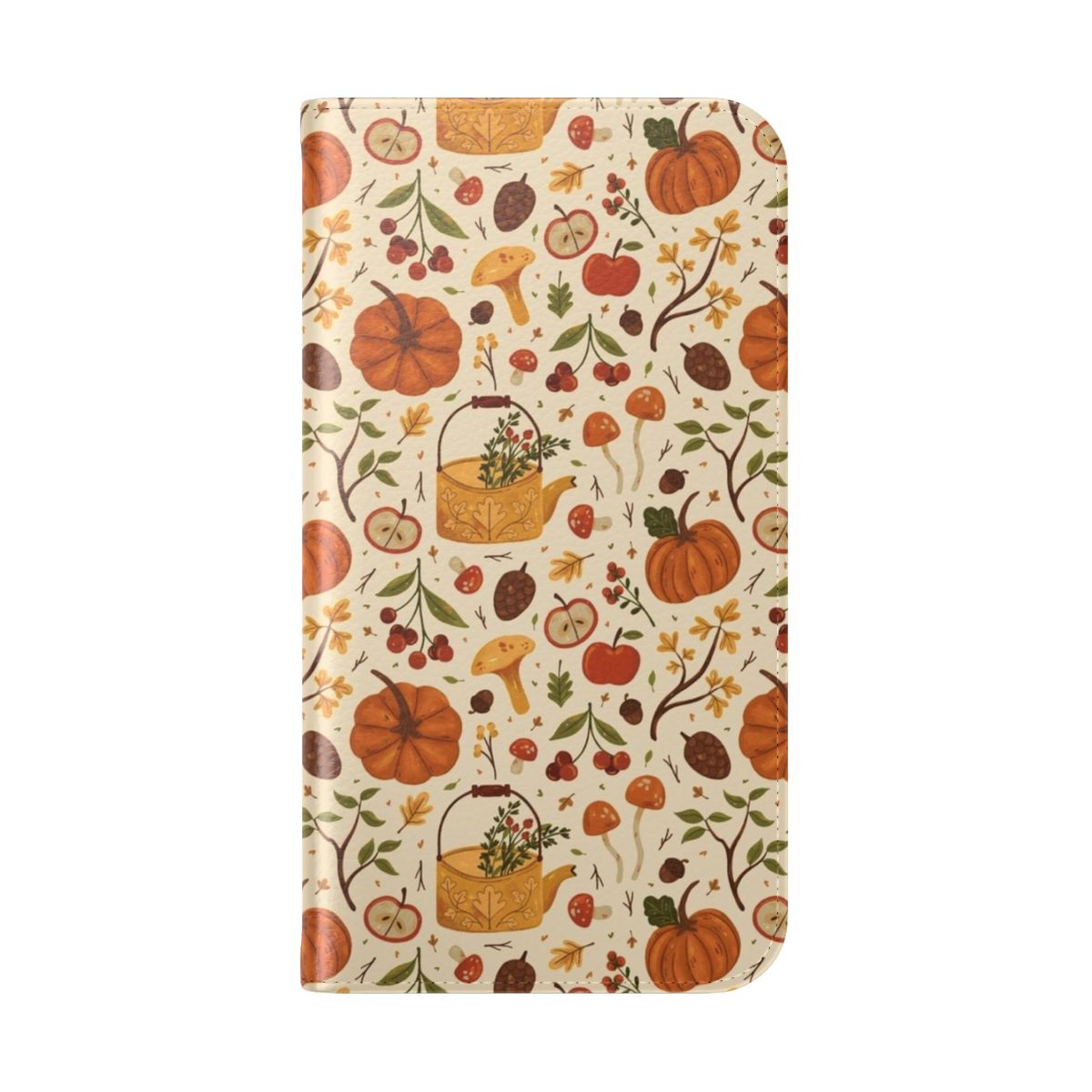 Autumn Botanical Phone Case with Floral Design of Pumpkins, Mushrooms, Leaves, and Apples - Folded Back