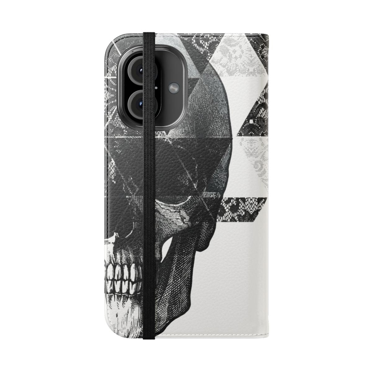 Flip cover phone case with a geometric skull design in black and white. - Folded Front