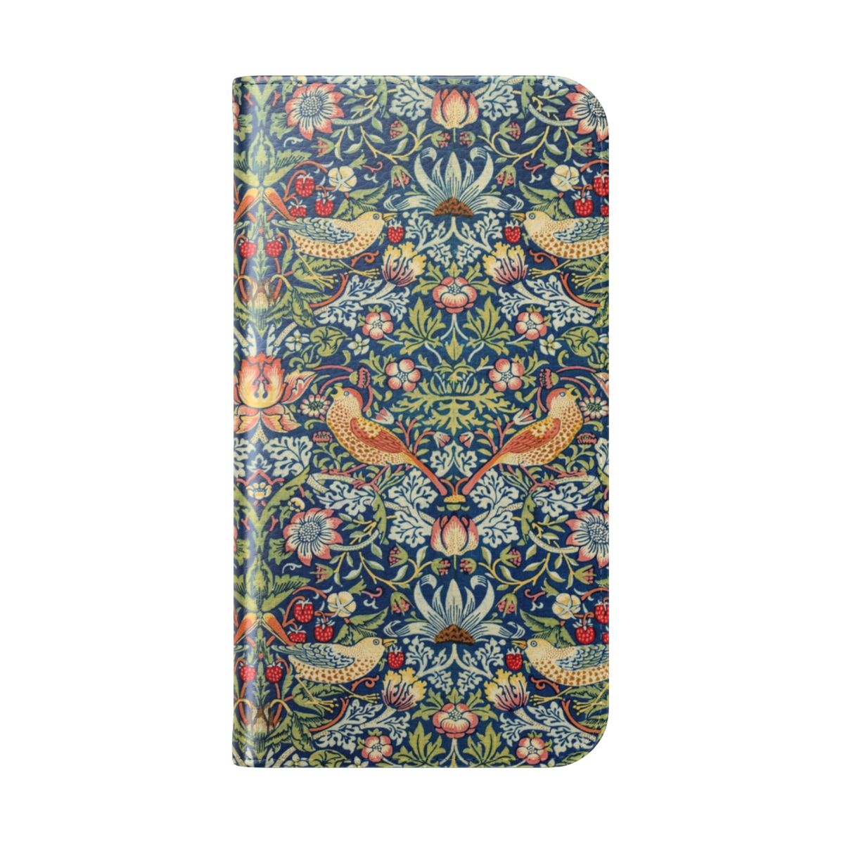 Vintage floral phone case with a William Morris inspired strawberry thief pattern featuring birds and flowers - Folded Back