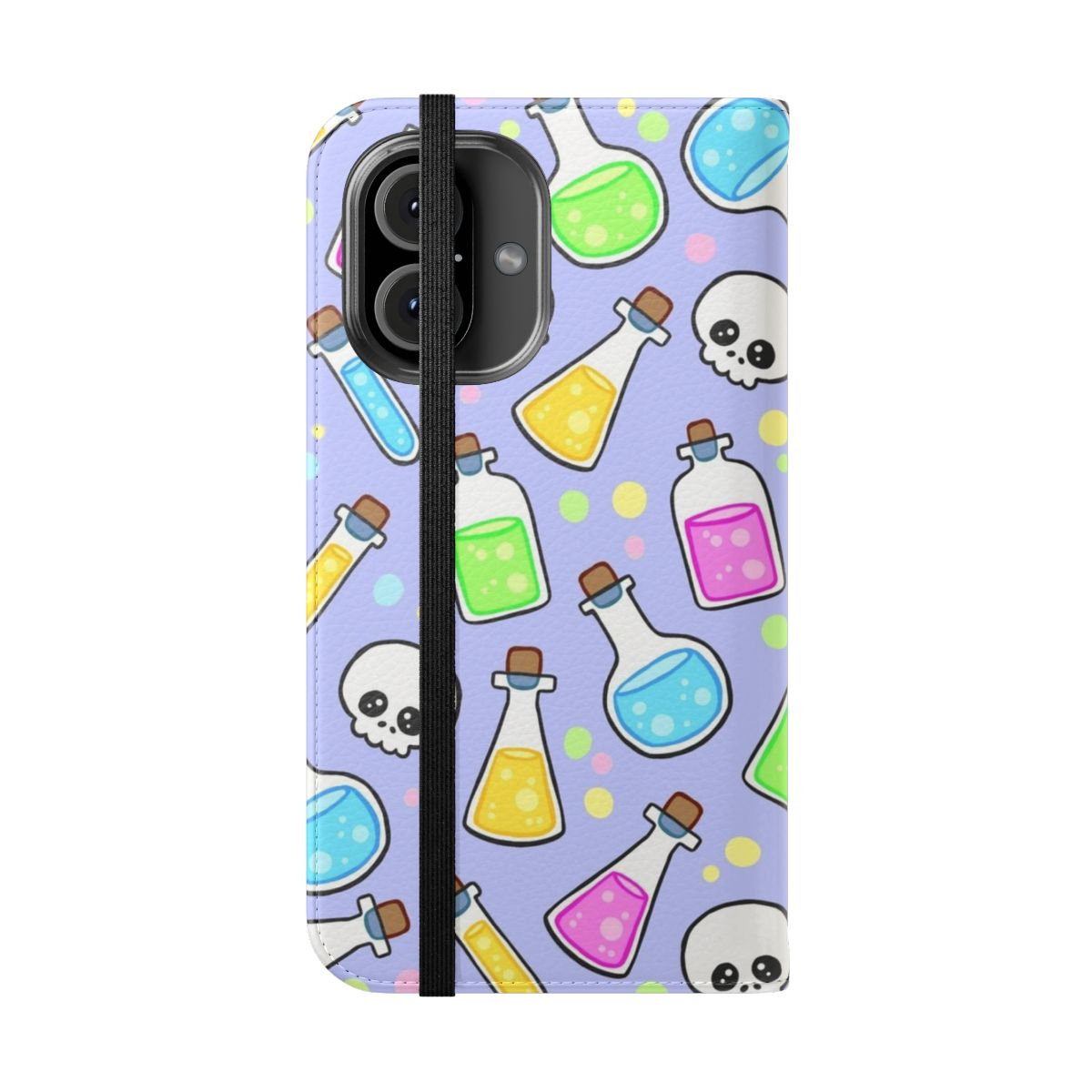 A whimsical flip phone case featuring a pastel-colored potion and skull design, perfect for Halloween and autumn seasons. - Folded Front