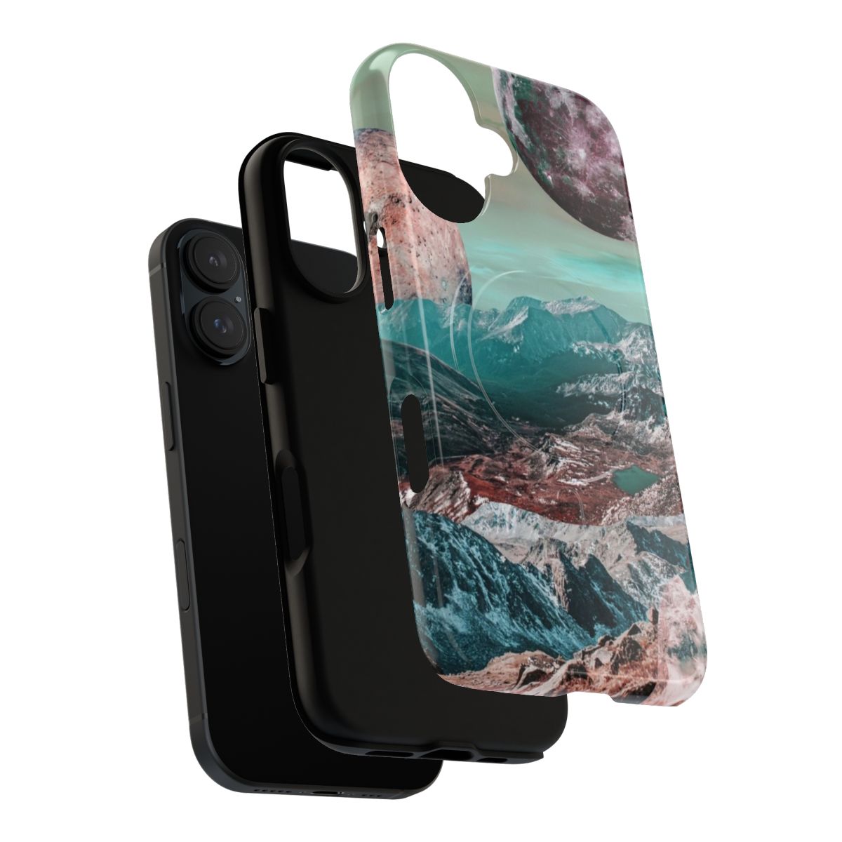 Magnetic tough phone case featuring a vibrant digital collage design with mountains, planets, and the moon. - Layers