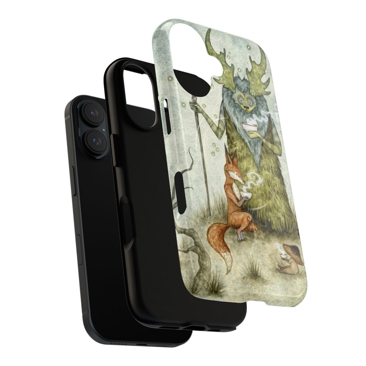 Whimsical phone case featuring a fairy, mushrooms, and a fox in a mystical forest scene - Layers