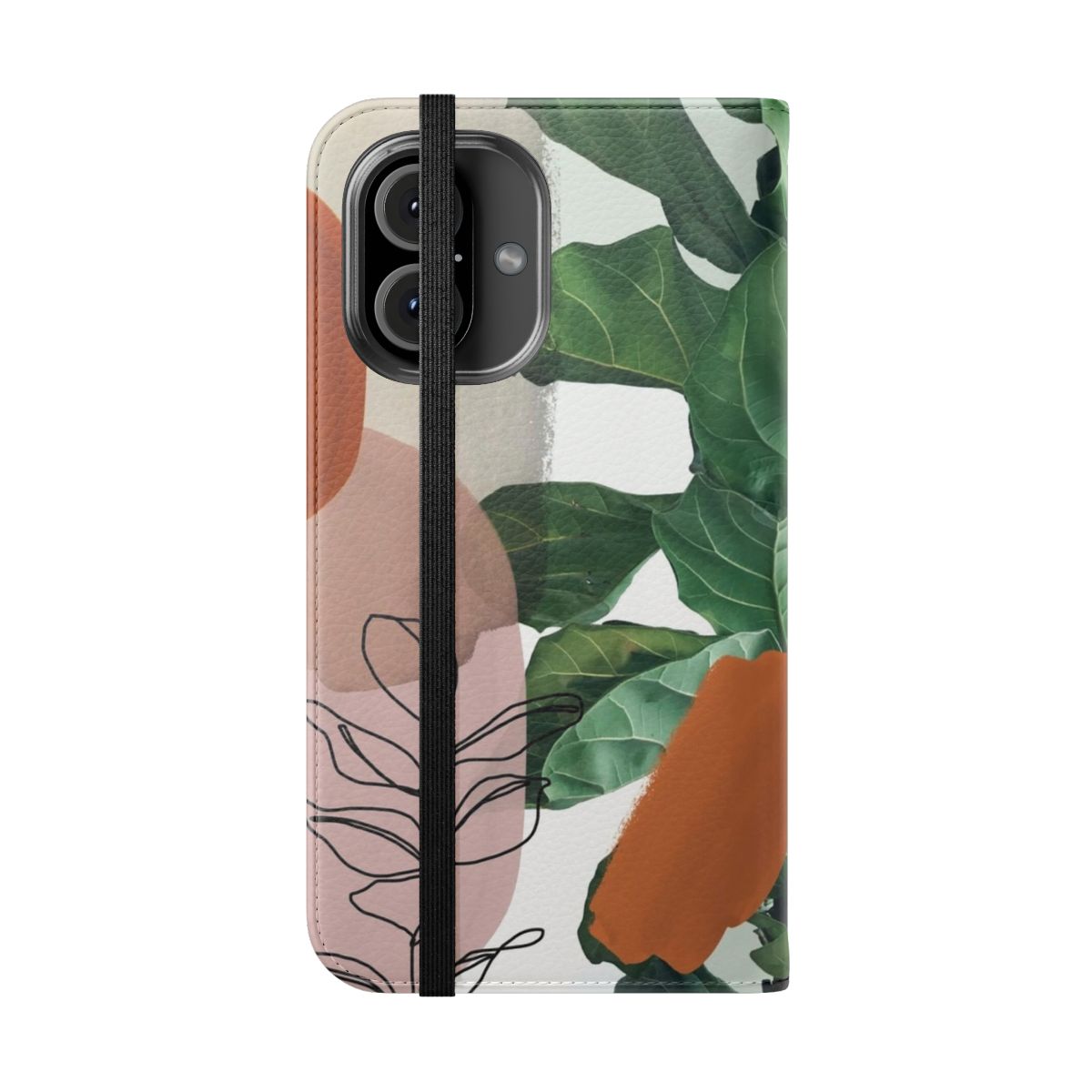 A minimalist flip cover phone case with abstract nature-inspired designs, featuring leaves, geometric shapes, and a modern, rustic aesthetic. - Folded Front