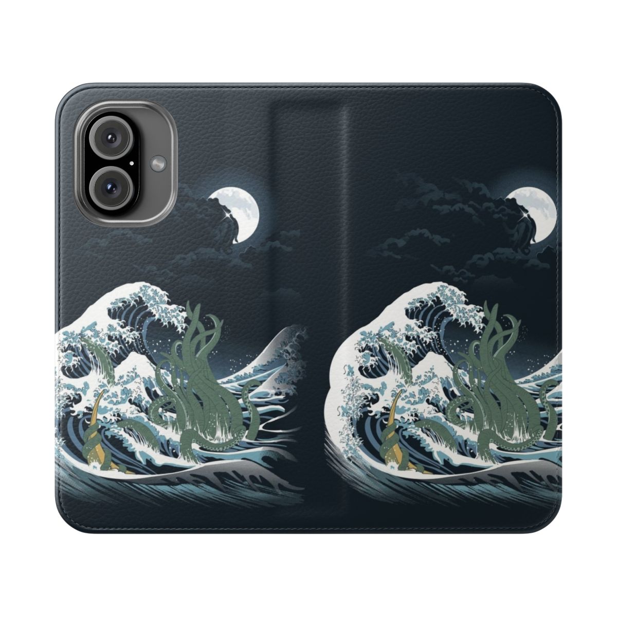 Flip cover phone case featuring a stylized Japanese wave art design inspired by the writings of H.P. Lovecraft and the Cthulhu Mythos.