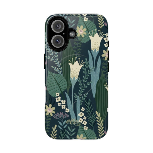 Magnetic phone case featuring a vibrant evening lily and wildflower pattern in a mid-century inspired style.