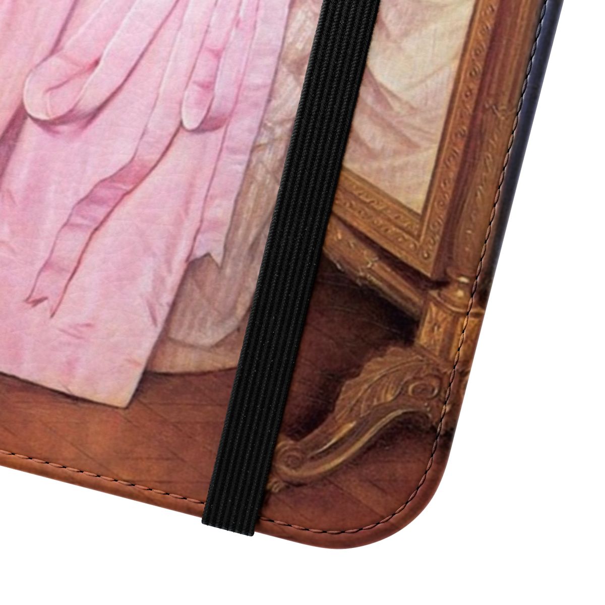 A vintage-style flip cover phone case featuring a classical portrait of a woman - Close Up