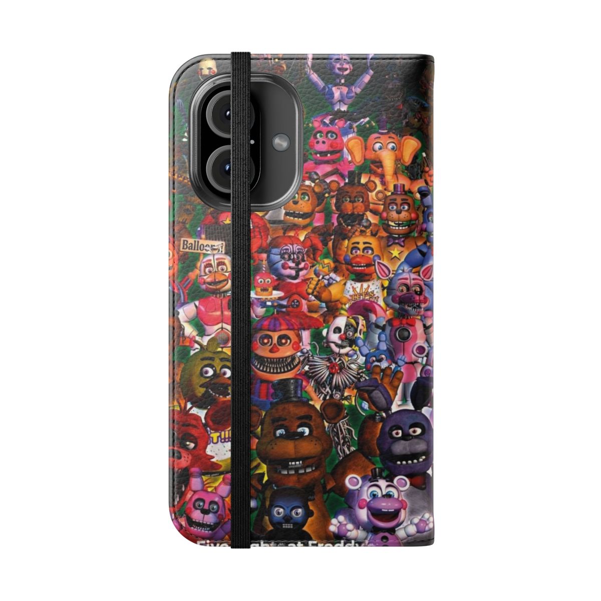 A stylish flip cover phone case with a five nights at freddys horror-themed design, featuring the iconic animatronic characters. - Folded Front