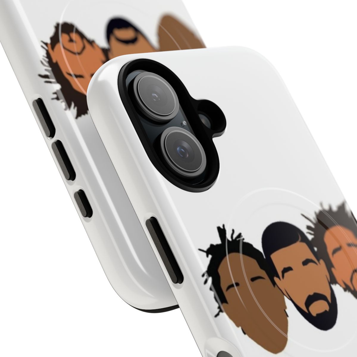 Colorful magnetic phone case featuring portraits of rap artists Kendrick Lamar, J Cole, and Drake - Detail