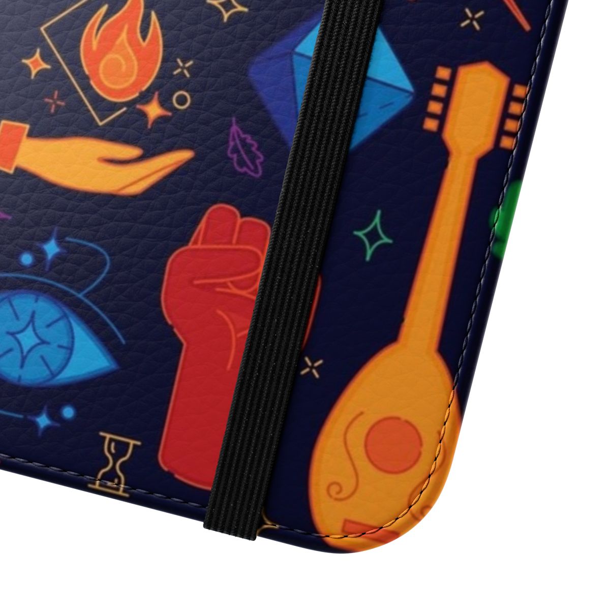 Colorful fantasy-themed phone flip cover case inspired by the Dungeons & Dragons role-playing game - Close Up