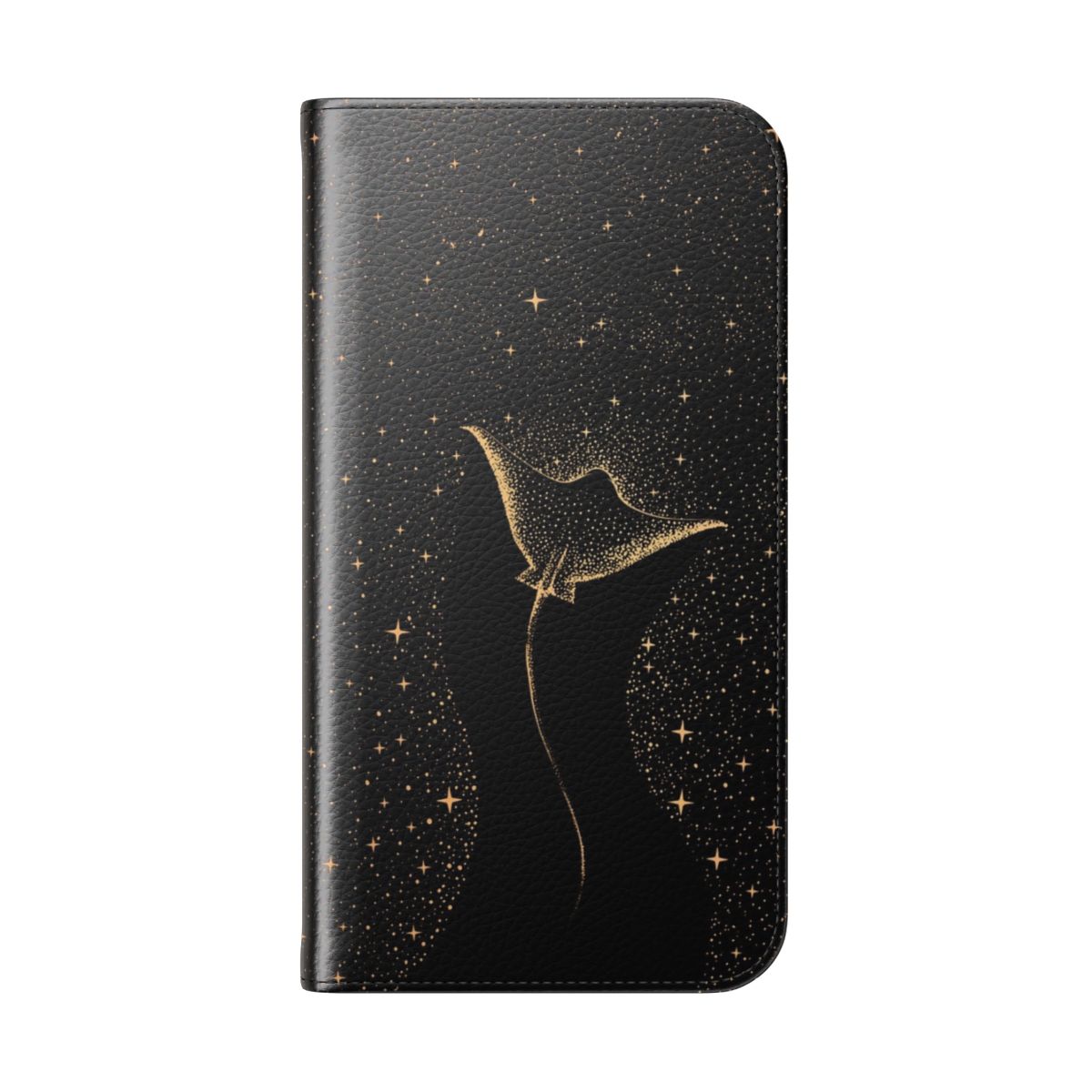 A dark gold flip cover phone case with a surreal space-themed design featuring spotted eagle rays, stingrays, and sharks swimming among the stars. - Folded Back